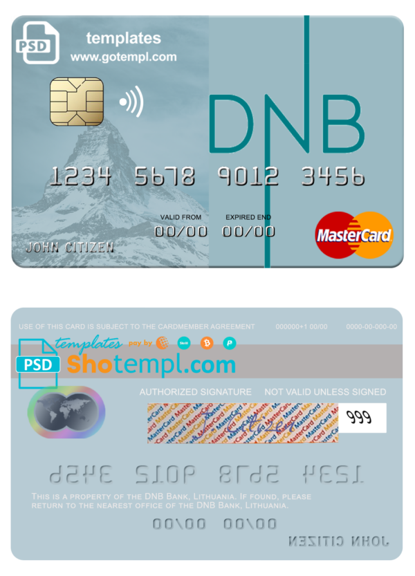 Lithuania DNB Bank mastercard fully editable template in PSD format