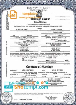 USA state Michigan Kent County marriage certificate template in PSD format, fully editable