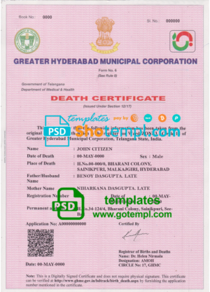 Indian death certificate template in PSD format, fully editable