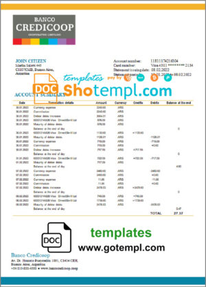 Argentina Banco Credicoop bank statement template in Word and PDF format