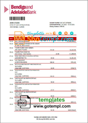 Australia Bendigo and Adelaide Bank bank statement template in Word and PDF format