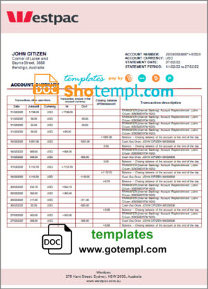 Australia Westpac bank statement template in Word and PDF format