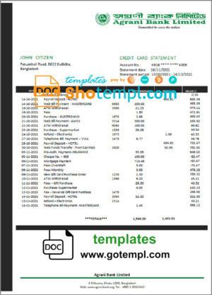 Bangladesh Agrani bank statement template in Word and PDF format