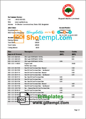 Bangladesh Rupali Bank statement template in Word and PDF format