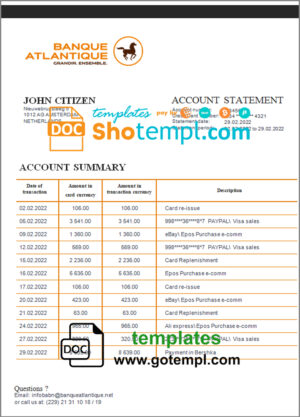 CIT Bank business checking account statement Word and PDF template