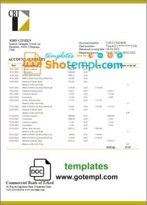 Chad Commercial Bank of Tchad bank statement template in Word and PDF format