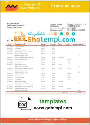 Cote d’Ivoire Attijariwafa bank statement template in Word and PDF format