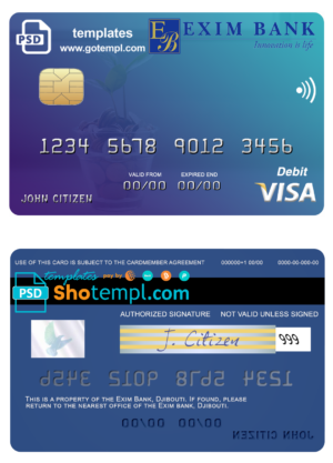 Djibouti Exim Bank visa card fully editable template in PSD format