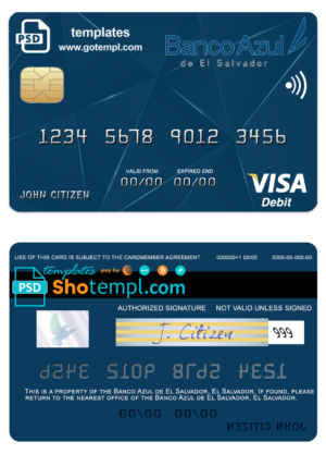 El Salvador Banco Azul de El Salvador visa card fully editable template in PSD format
