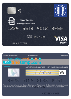 El Salvador Banco Central de Reserva de El Salvador visa card fully editable template in PSD format