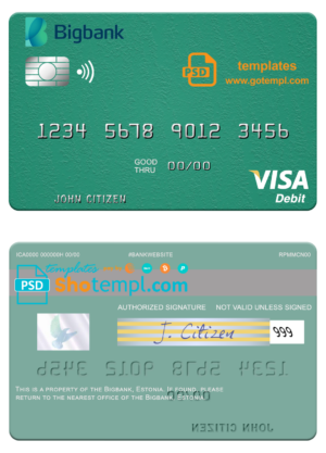 Estonia Bigbank visa card fully editable template in PSD format