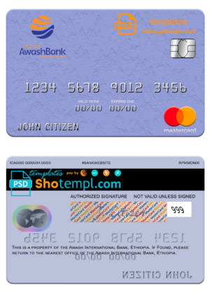 Ethiopia Awash International Bank mastercard fully editable template in PSD format