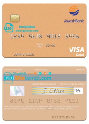 Ethiopia Awash International Bank visa card fully editable template in PSD format