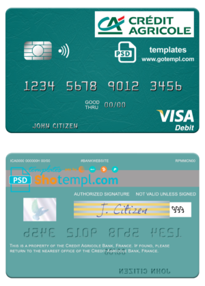 France Credit Agricole Bank visa card fully editable template in PSD format