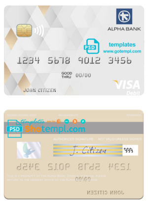 Greece Alpha Bank visa card fully editable template in PSD format