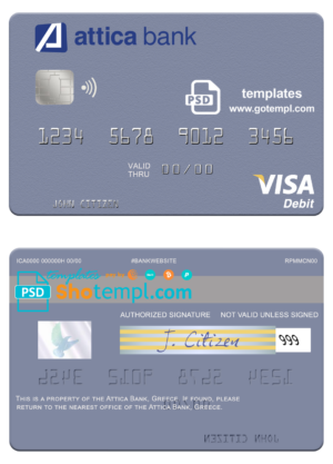Greece Attica Bank visa card fully editable template in PSD format