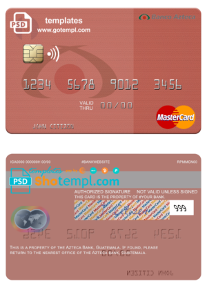 Guatemala Azteca Bank mastercard fully editable template in PSD format