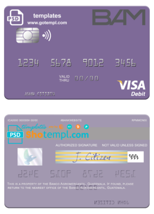 Guatemala Banco Agromercantil visa card fully editable template in PSD format