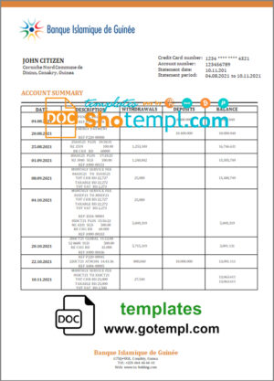 Guinea Banque Islamique de Guinée proof of address bank statement template in Word and PDF format