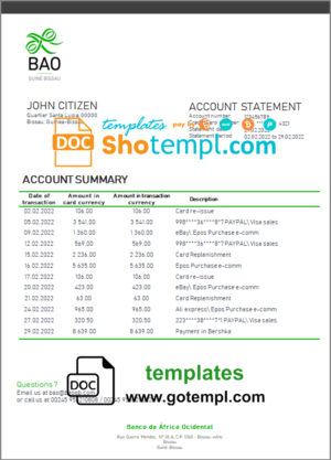 Guinea-Bissau Banco da Africa Ocidental proof of address bank statement template in Word and PDF format