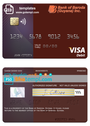 Guyana Bank of Baroda visa card fully editable template in PSD format