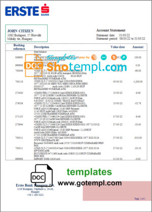 Onesavings Bank business checking account statement Word and PDF template