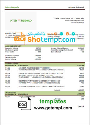 USA JP Morgan Chase bank statement template in .doc and .pdf file format, 2 pages