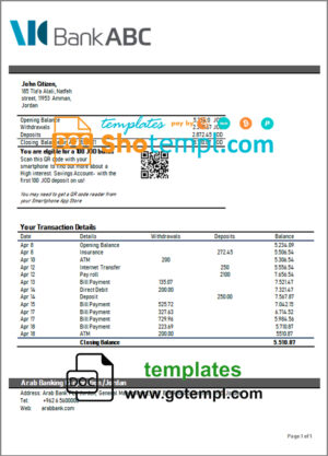 Jordan ABC proof of address bank statement template in Word and PDF format