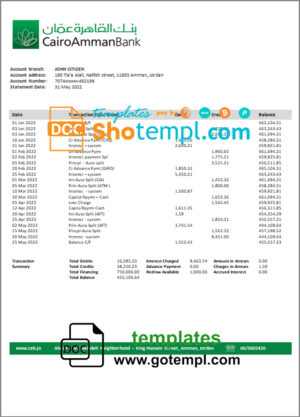 Jordan Cairo Amman proof of address bank statement template in Word and PDF format