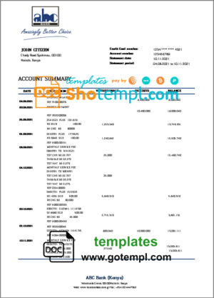 Kenya ABC Bank proof of address statement template in Word and PDF format, .doc and .pdf format