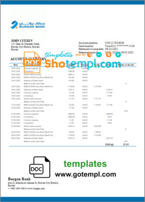Kuwait Burgan bank statement template in Word and PDF format, fully editable