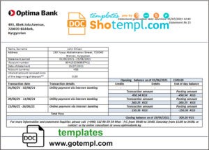 Kyrgyzstan Optima bank statement template in Word and PDF format