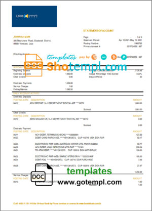 Laos LCNB bank statement template, Word and PDF format (.doc and .pdf)
