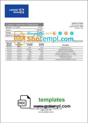 Laos Lao Viet bank statement template, Word and PDF format (.doc and .pdf)
