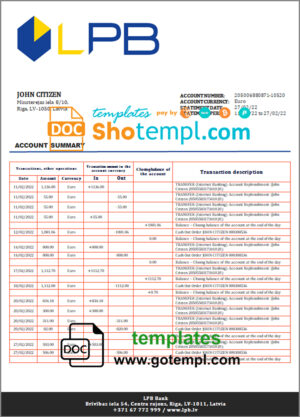 Latvia LPB bank statement template, Word and PDF format (.doc and .pdf)