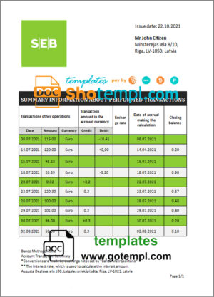 Latvia SEB bank statement template, Word and PDF format (.doc and .pdf)