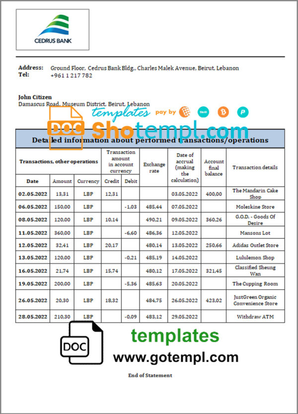 Lebanon Cedrus Bank statement template in Word and PDF format
