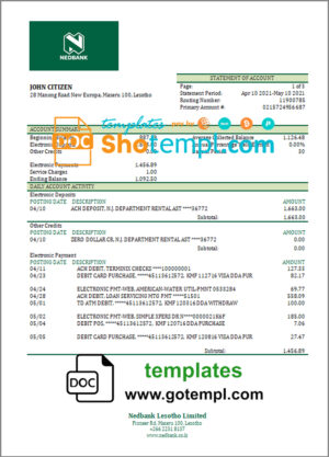 Lesotho Nedbaank Bank statement template in Word and PDF format