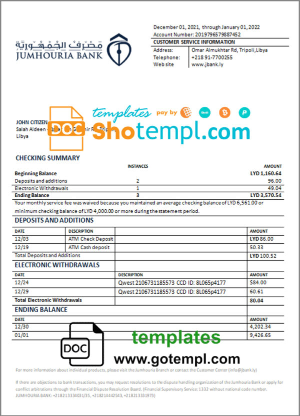 Libya Jumhouria Bank statement template in Word and PDF format