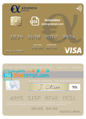 Luxembourg Advanzia Bank visa card fully editable template in PSD format