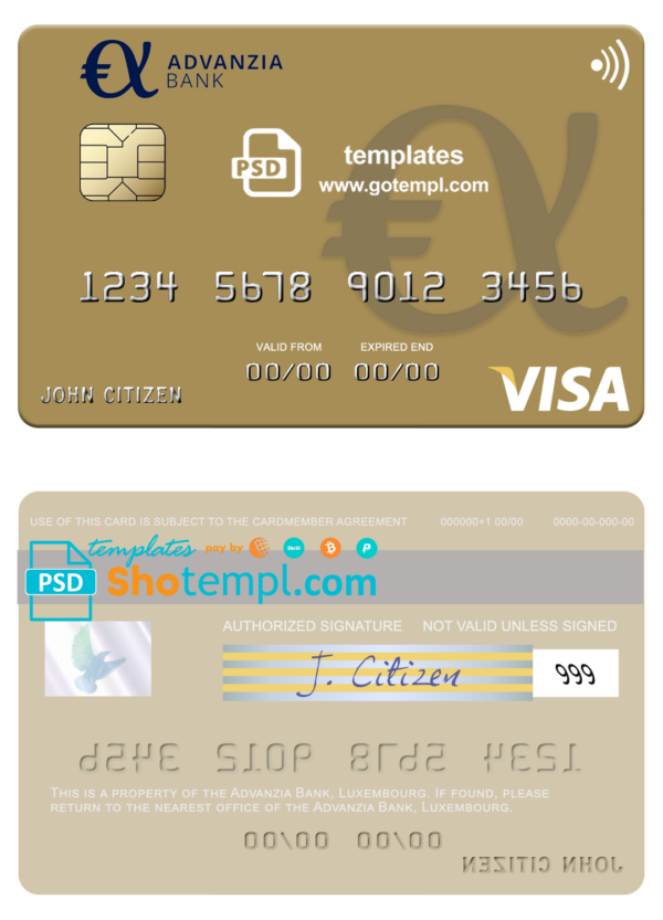 Luxembourg Advanzia Bank visa card fully editable template in PSD format