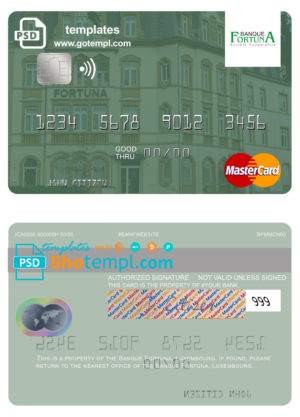 Luxembourg Banque Fortuna mastercard fully editable template in PSD format