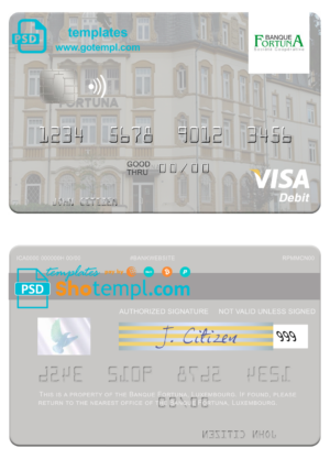 Luxembourg Banque Fortuna visa card fully editable template in PSD format