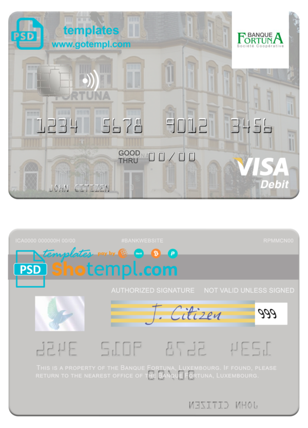 Luxembourg Banque Fortuna visa card fully editable template in PSD format