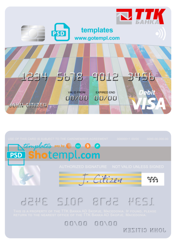 Macedonia TTK Banka AD Skopje visa card fully editable template in PSD format