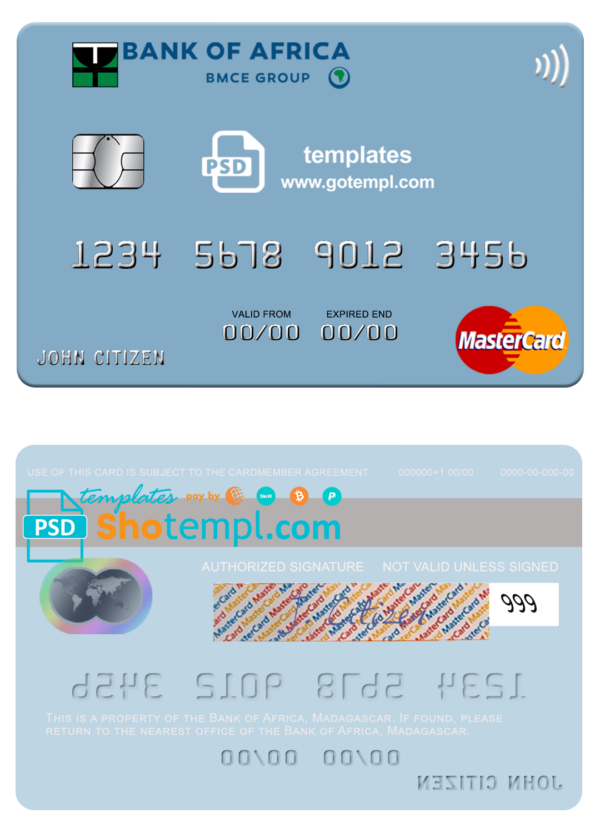 Madagascar Bank of Africa mastercard fully editable template in PSD format