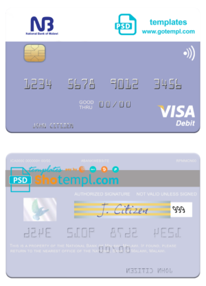Malawi National Bank visa card fully editable template in PSD format