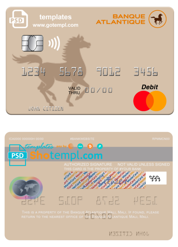 Mali Banque Atlantique mastercard fully editable template in PSD format