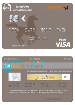 Mali Banque Atlantique visa card fully editable template in PSD format