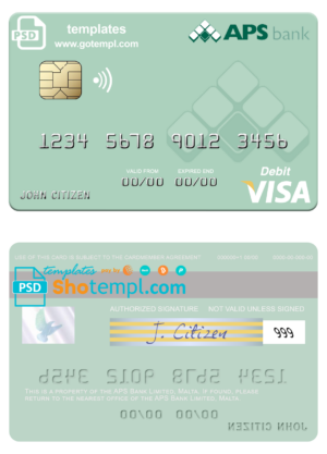 Malta APS Bank Limited visa card fully editable template in PSD format
